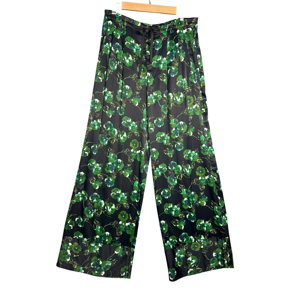 Anthropologie Elevenses Floral Wide Leg Satin Pants 8 Black Green Boho Chic - Picture 2 of 11